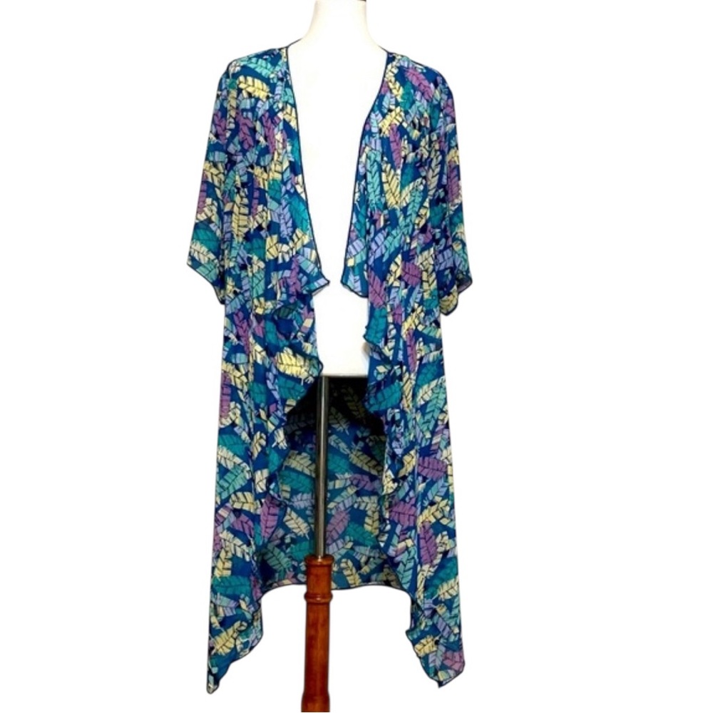 NWT LulaRoe Feather Print Sheer Long Open Duster Kimono Multicolor Size Small